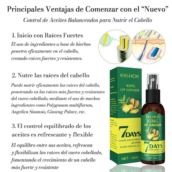 King Of Ginger® Spray Tónico Capilar para Crecimiento en 7 Días- Para Hombres y Mujeres (Pague 2 y Lleva 3)