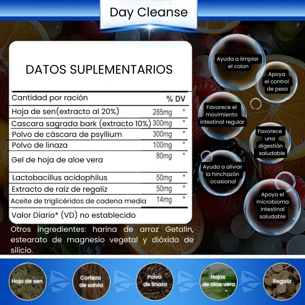 Day Cleanse Detox Limpieza 15 Días- Desintoxicación Avanzada Inntestinal Sin Sabor 30 Cápsulas 🌾