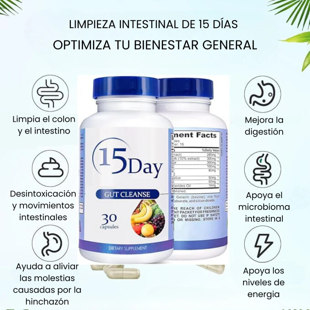 Day Cleanse Detox Limpieza 15 Días- Desintoxicación Avanzada Inntestinal Sin Sabor 30 Cápsulas 🌾