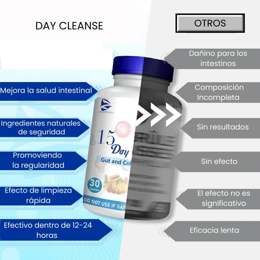 Day Cleanse Detox Limpieza 15 Días- Desintoxicación Avanzada Inntestinal Sin Sabor 30 Cápsulas 🌾