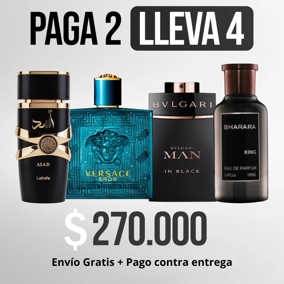 Kit 4 Perfumes Importados Luxe (Asad + Bharara + Versace + Bvlgari) Promoción 💥